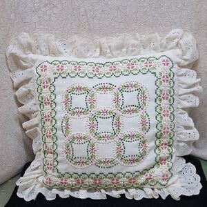 Hand crafted Embroidered Floral Ruffle 16" Square Pillow